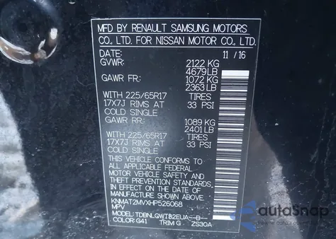 2017 Nissan Rogue Sv z USA, uszkodzony, nr VIN KNMAT2MVXHP526068